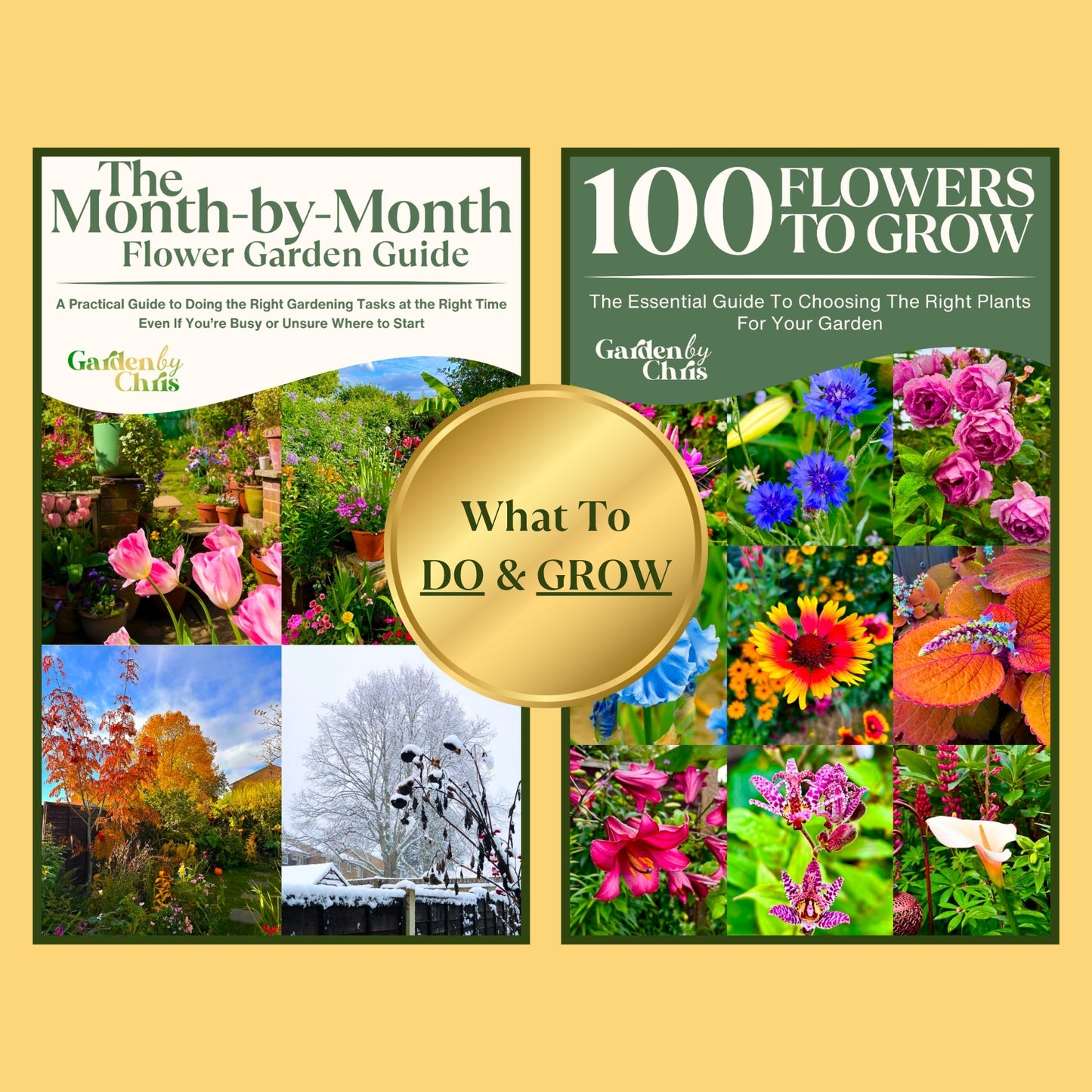 Two books on gardening with images of flowers and a gold badge in the center.