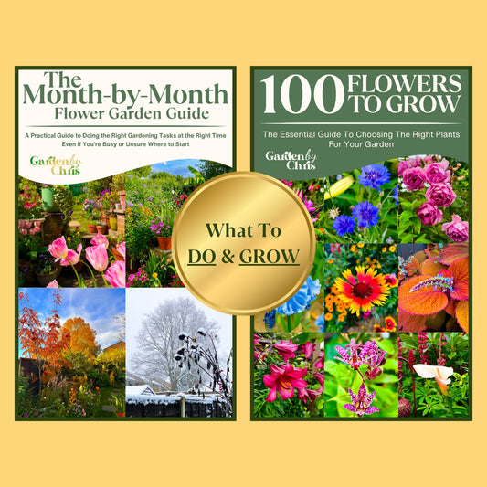 Two books on gardening with images of flowers and a gold badge in the center.