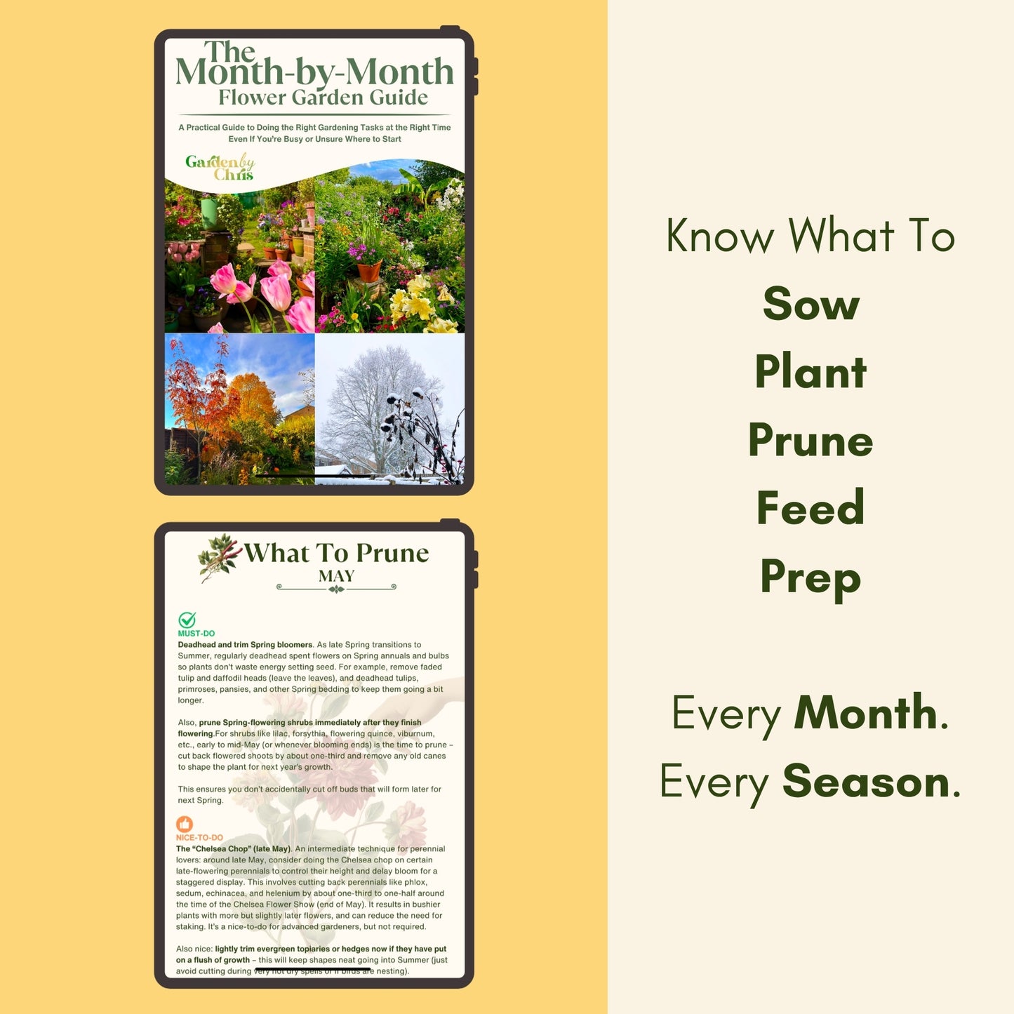 The Month By Month Flower Garden Guide on a smartphone with text about gardening tasks for each month.