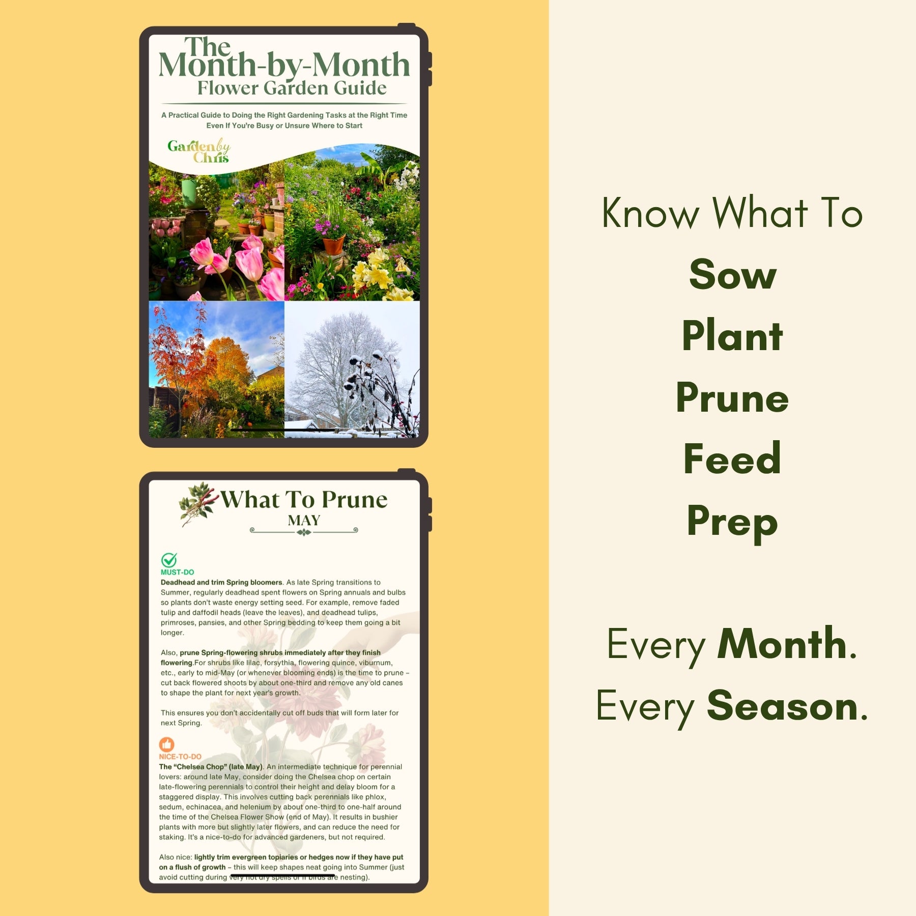 The Month By Month Flower Garden Guide on a smartphone with text about gardening tasks for each month.