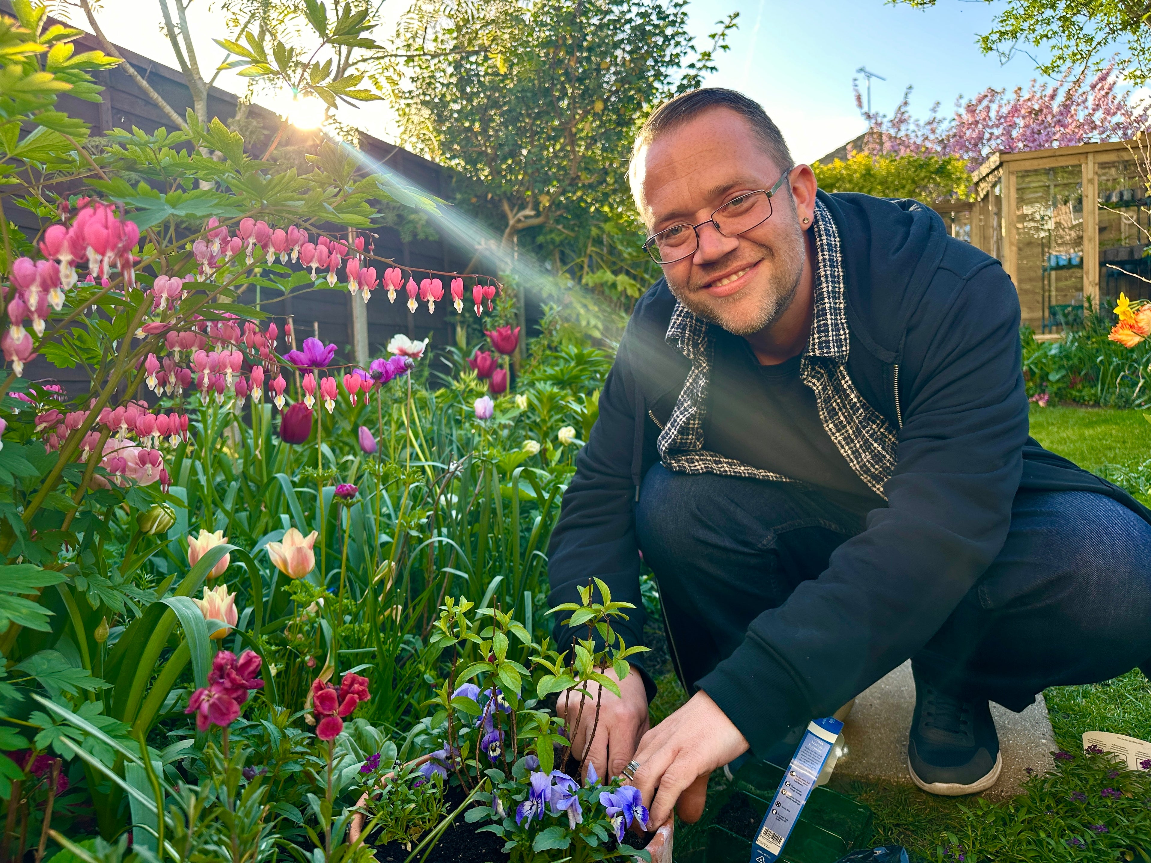 Man tending to flowers in a garden with colorful blooms