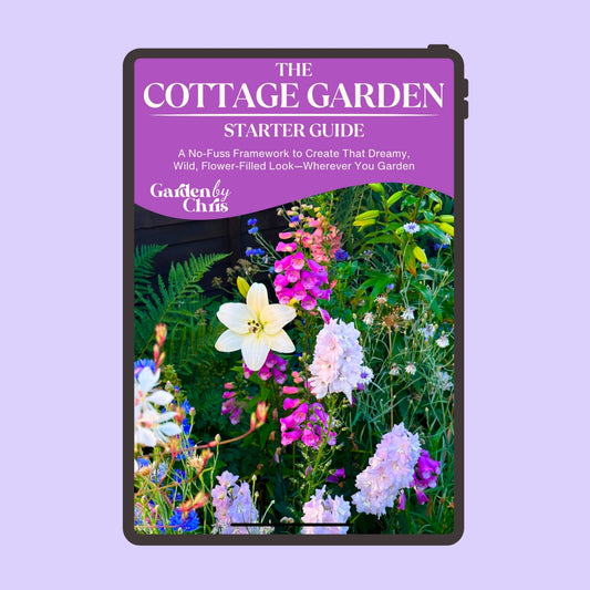 Book cover of 'The Cottage Garden Starter Guide' with a beautiful classic English cottage garden photo on a purple background.