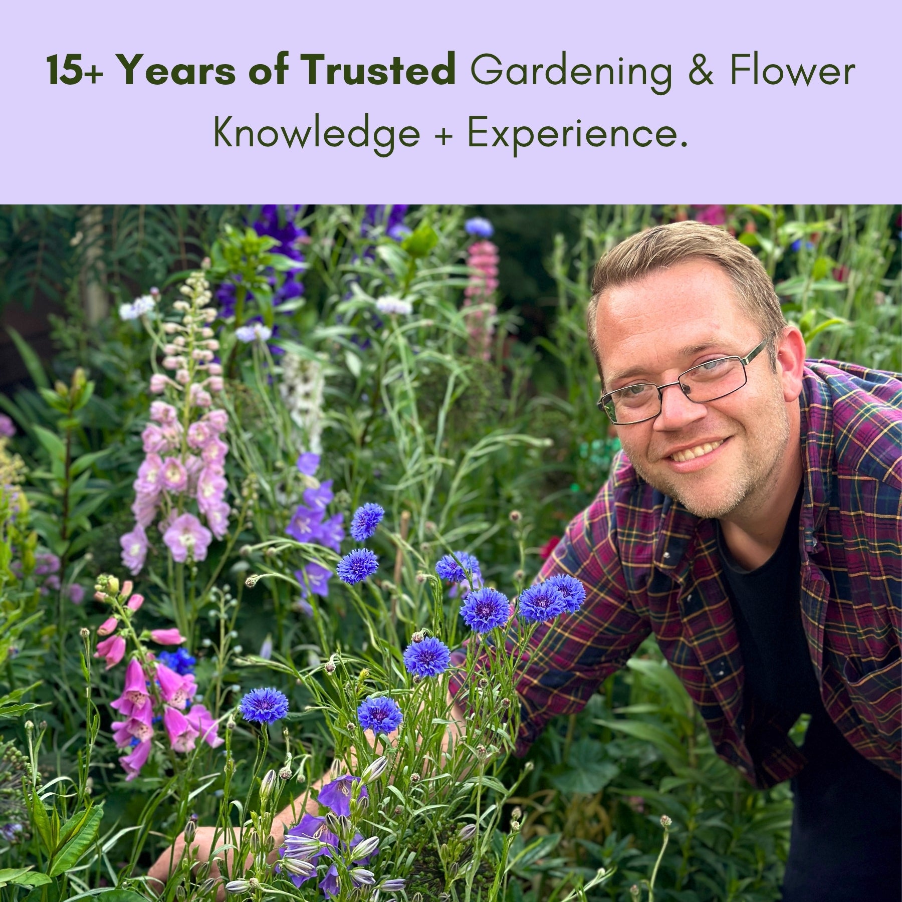 Chris from GardenByChris in his cottage garden border with cottage flowers and text about his 15+ years of gardening experience.