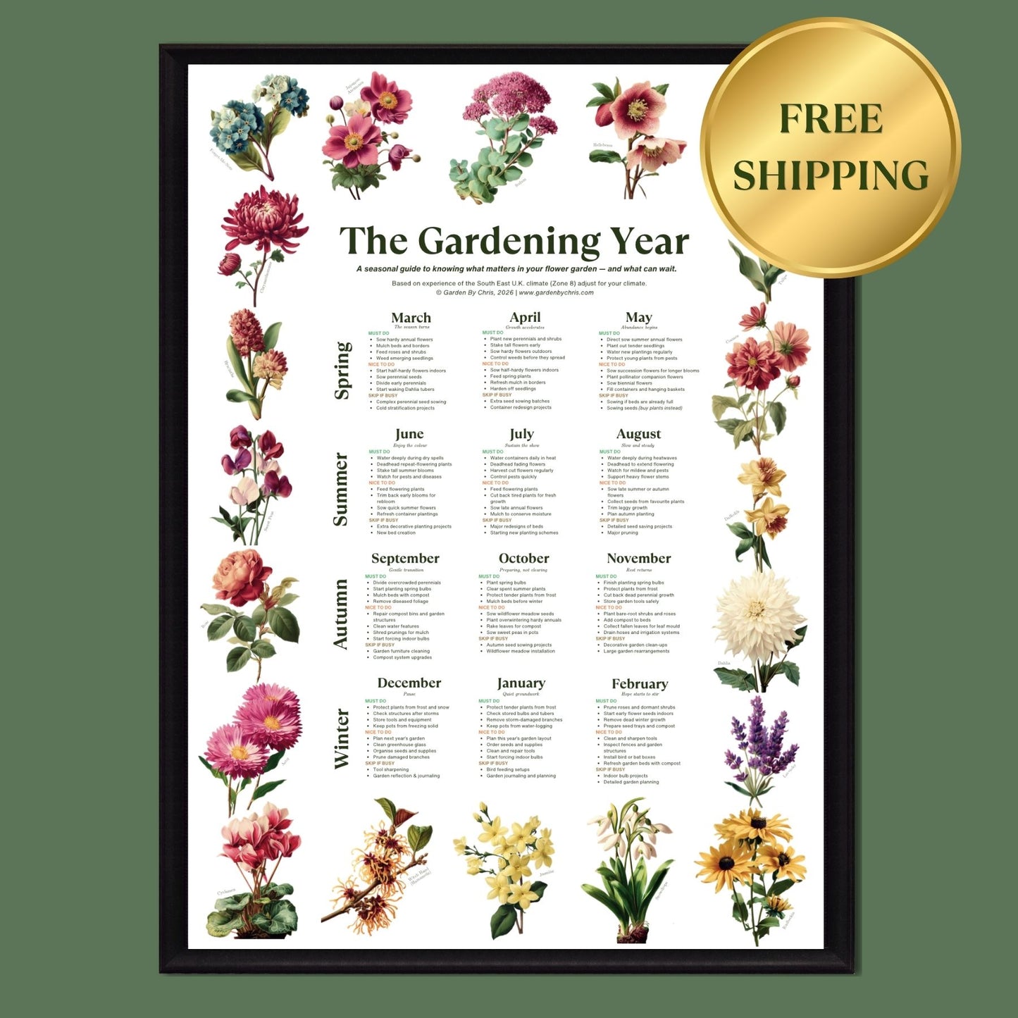 A The Gardening Year Poster with flowers and plant images around the border.