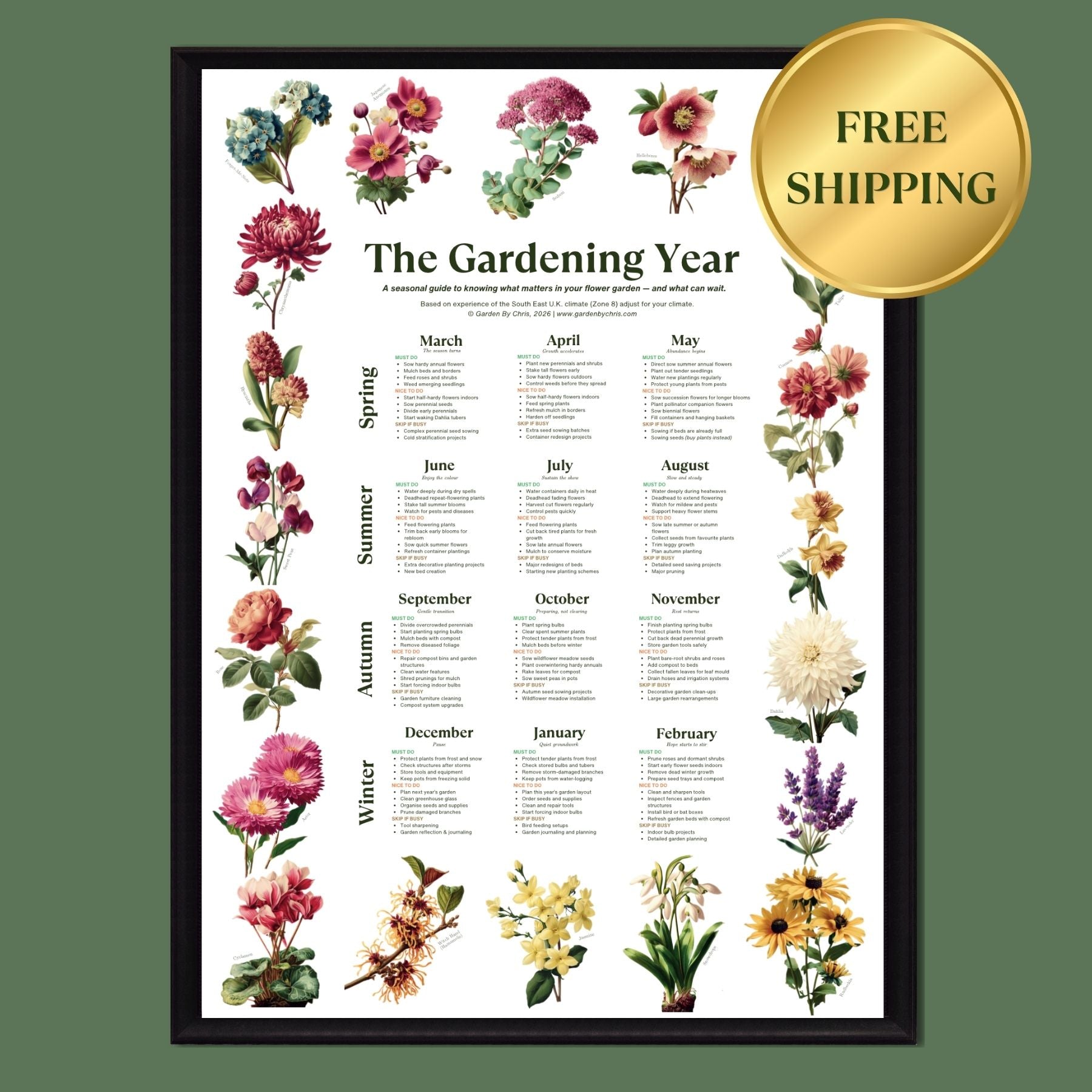 A The Gardening Year Poster with flowers and plant images around the border.