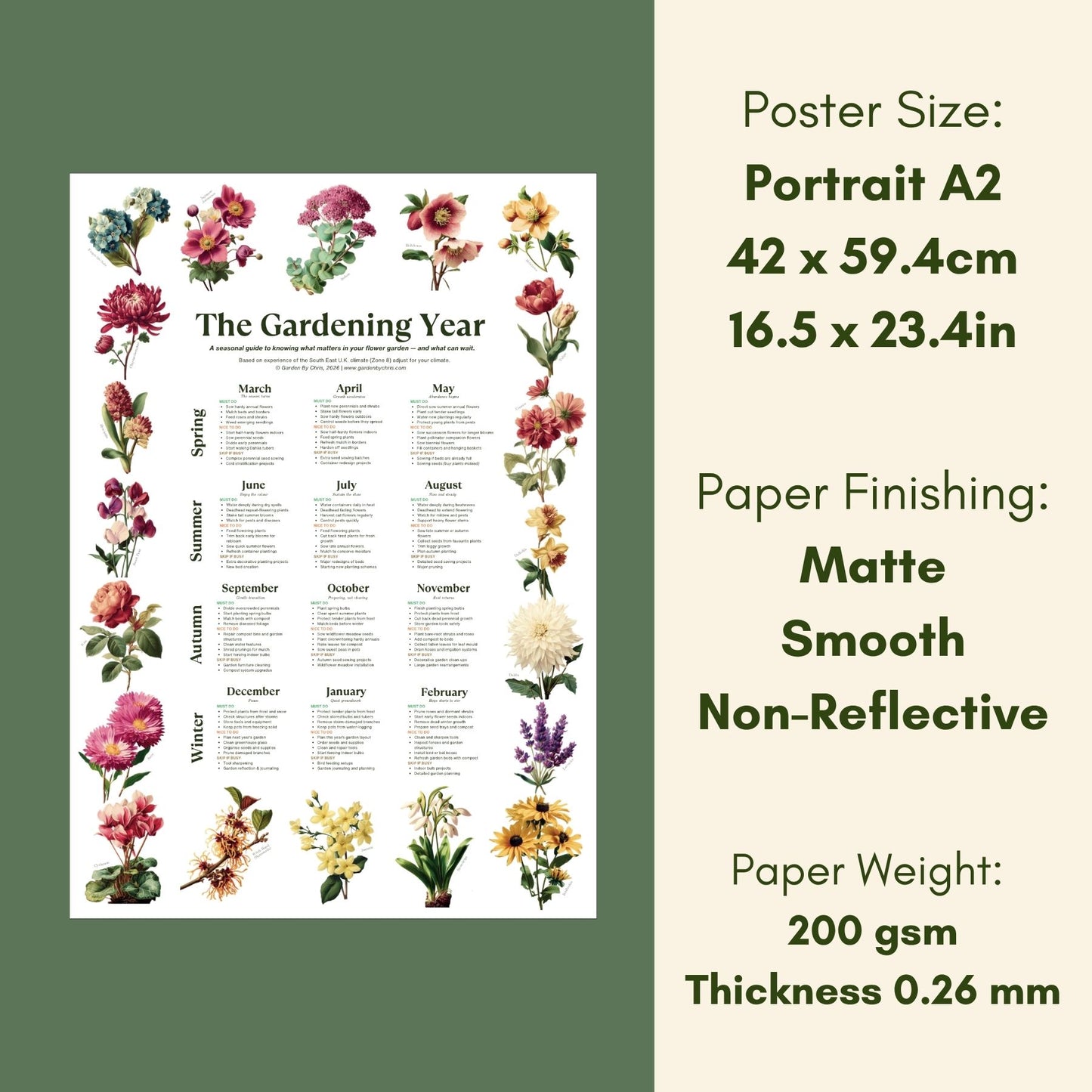 An image of The Gardening Year Poster with details about poster size, paper finish and weight.