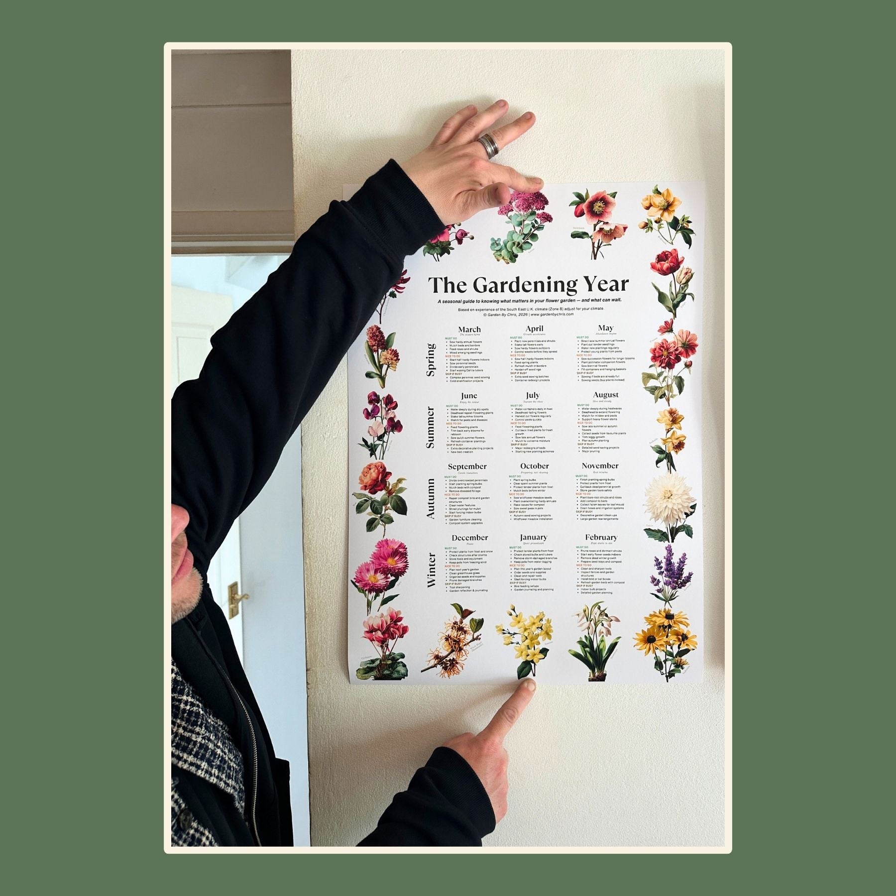 A man holding up The Gardening Year Poster on a wall.