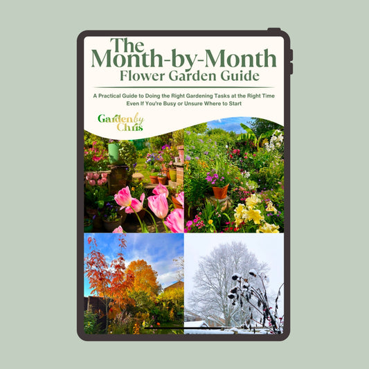 Book cover of 'The Month-by-Month Flower Garden Guide' with garden images on a light green background