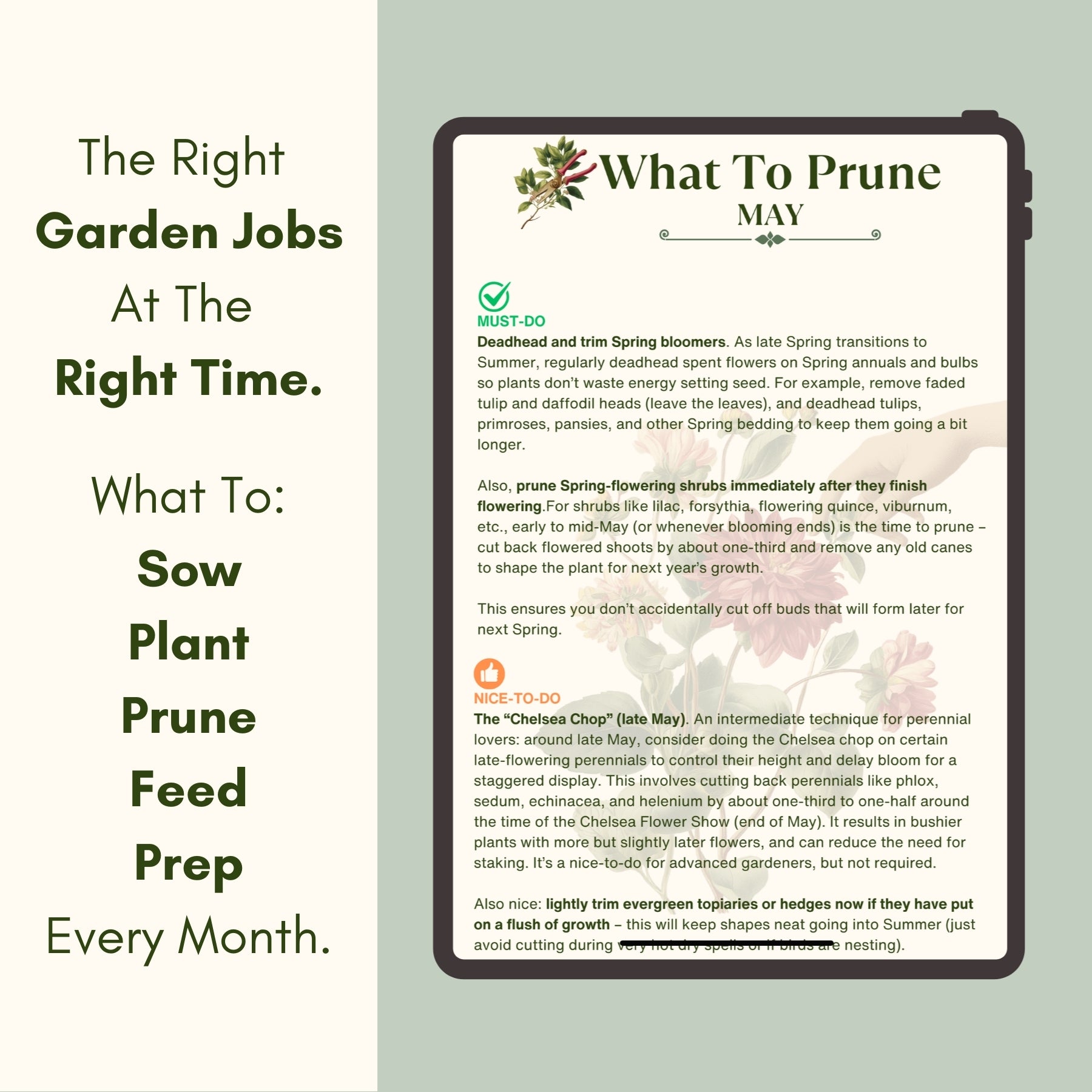 Gardening guide for May tasks on a tablet screen with text and icons.